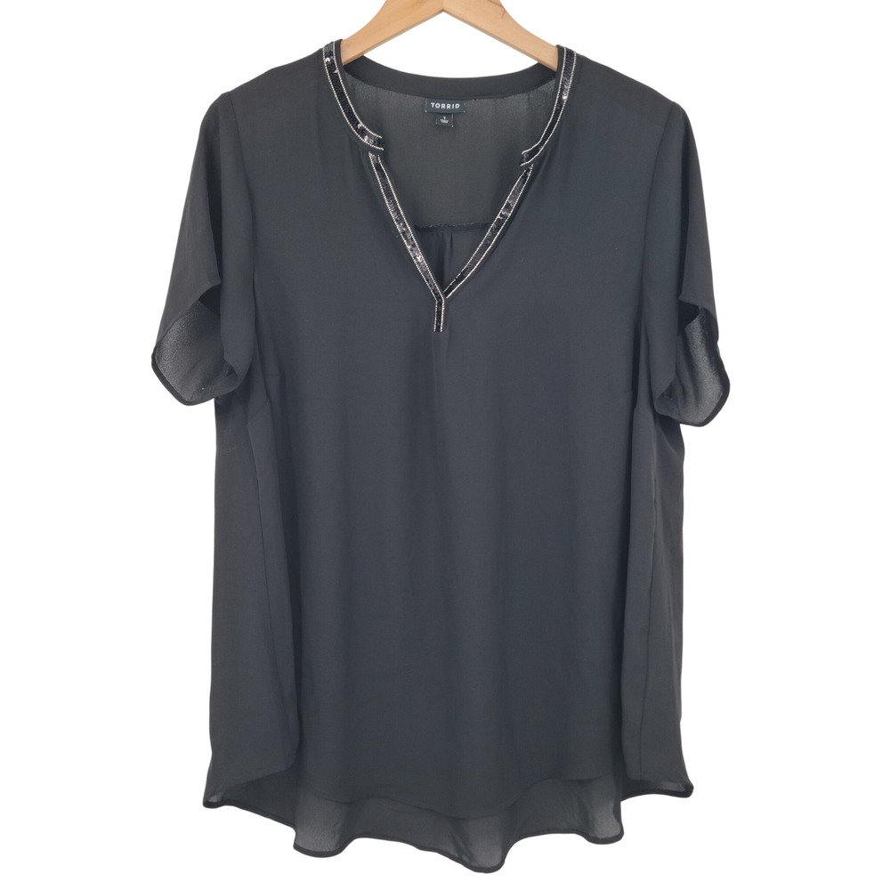 Torrid Sequin Trim Top Women 1 Black Short Sleeve Chiffon Plus Size Office